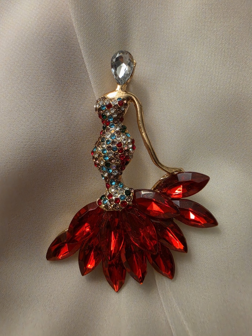Elegant Red Crystal Lady Brooch Pin Pendant  Rhinestone Mermaid Evening Gown